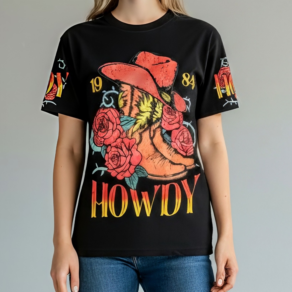 Weekend Warrior HOWDY Western T-Shirt Medium Women's Black Tee Short Sleeve 1984